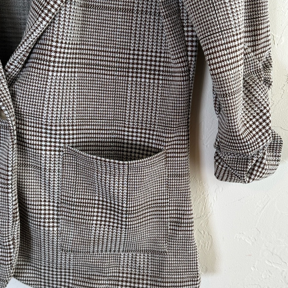 Brown Plaid 3/4 Length Sleeve Single Button Career Blazer Jacket Sz S - Picture 2 of 7